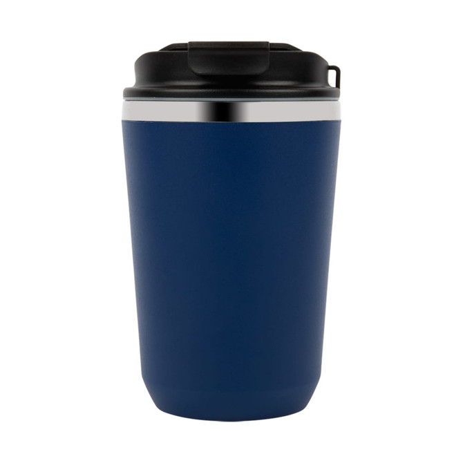 A drink bottle in navy blue with a black lid and a silver trim, featuring a sleek design.