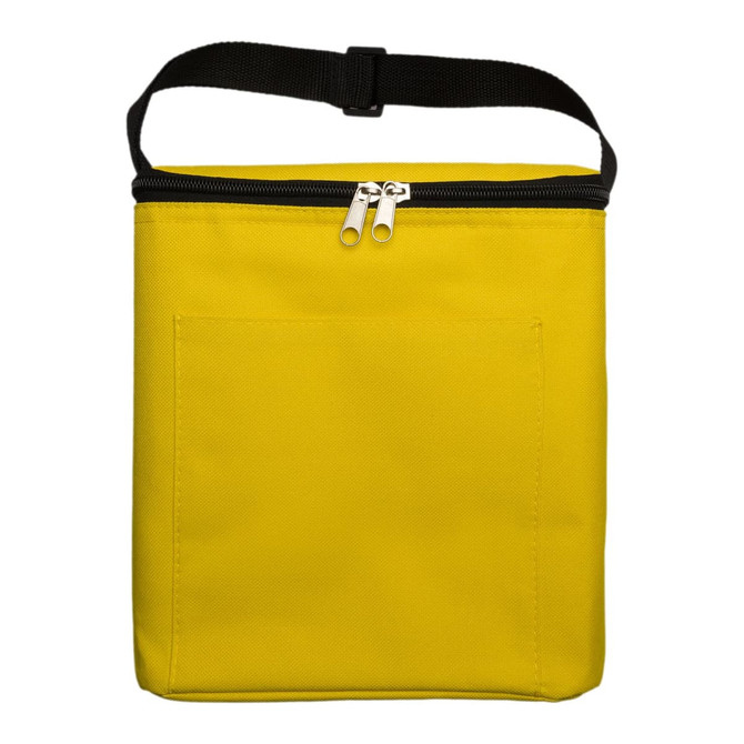 A yellow zippered tote bag with a black strap and a front pocket. It has a simple, solid design.