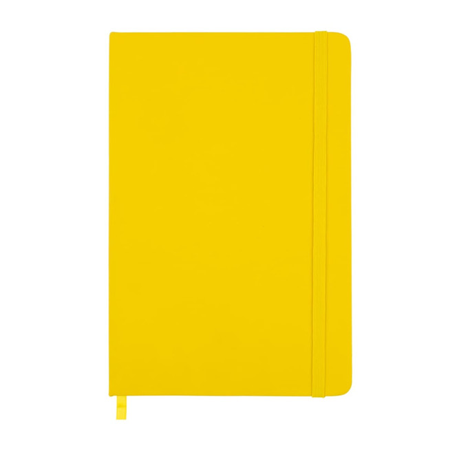 A yellow notebook with a smooth cover and an elastic closure. It features a ribbon bookmark.