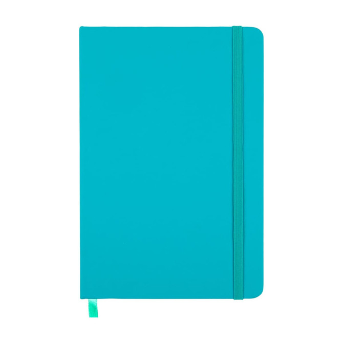 A turquoise notebook with a matching elastic band and ribbon marker, featuring a plain cover and no visible branding.