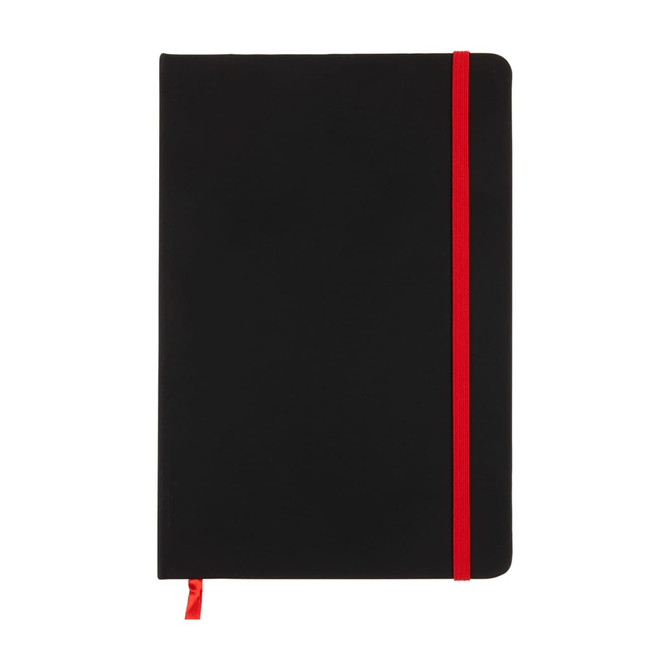 A black notebook with a red elastic band and ribbon bookmark. It features a smooth cover and rounded corners.