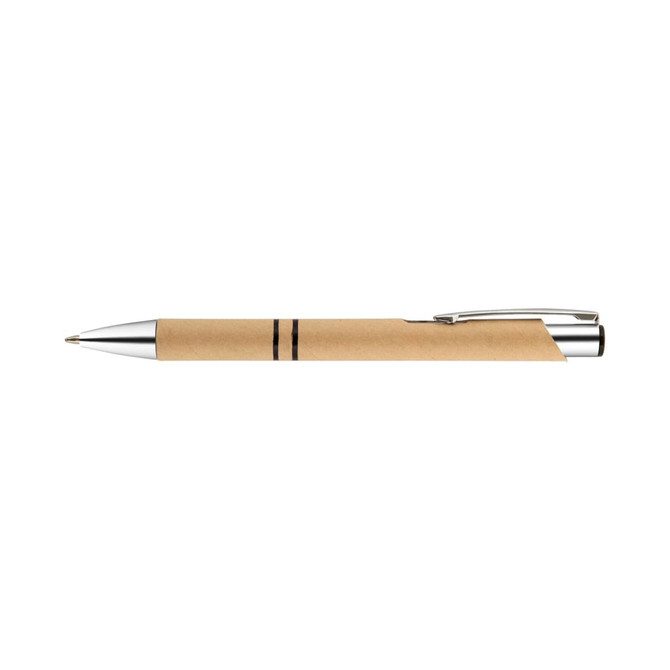 A pen with a kraft paper barrel, silver accents, and two black stripes around its body. It has a clip for attachment.