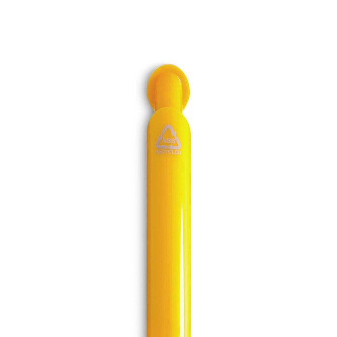 A yellow gel ink pen with a glossy finish and a logo on the side.