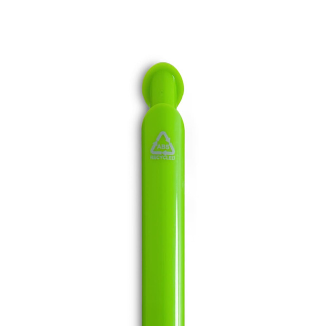 A green gel ink pen with a rounded tip and a logo on its side.