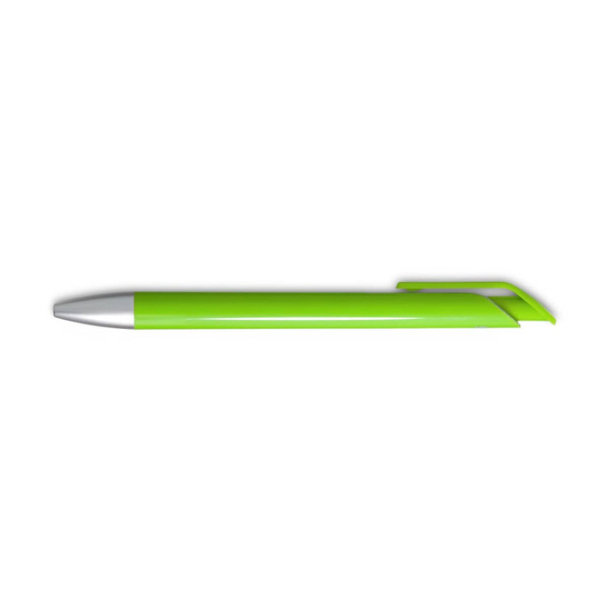 A bright green gel ink pen with a sleek silver tip and a minimalistic design, featuring a branding logo.