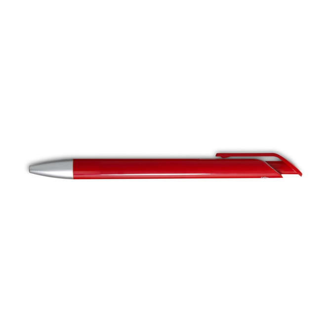 A red gel ink pen with a silver tip and a sleek design, featuring a logo on the barrel.