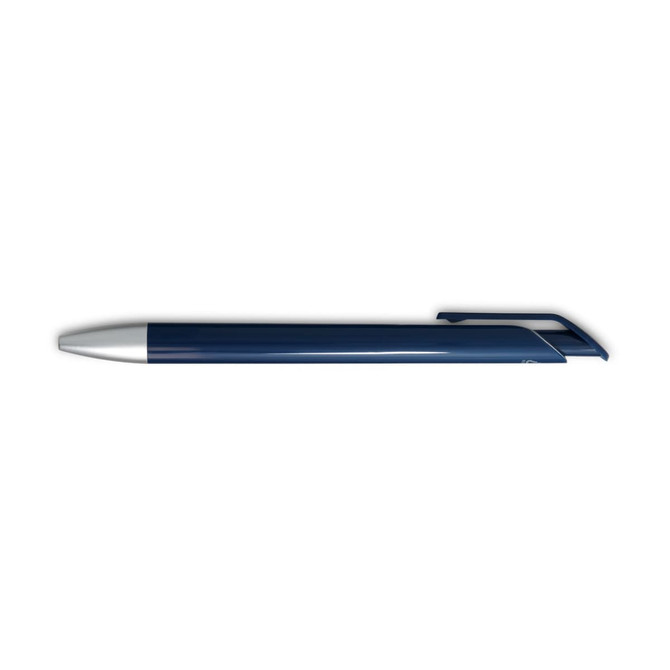 A navy blue gel ink pen with a white tip and a clip. It features a sleek design and a branding logo.