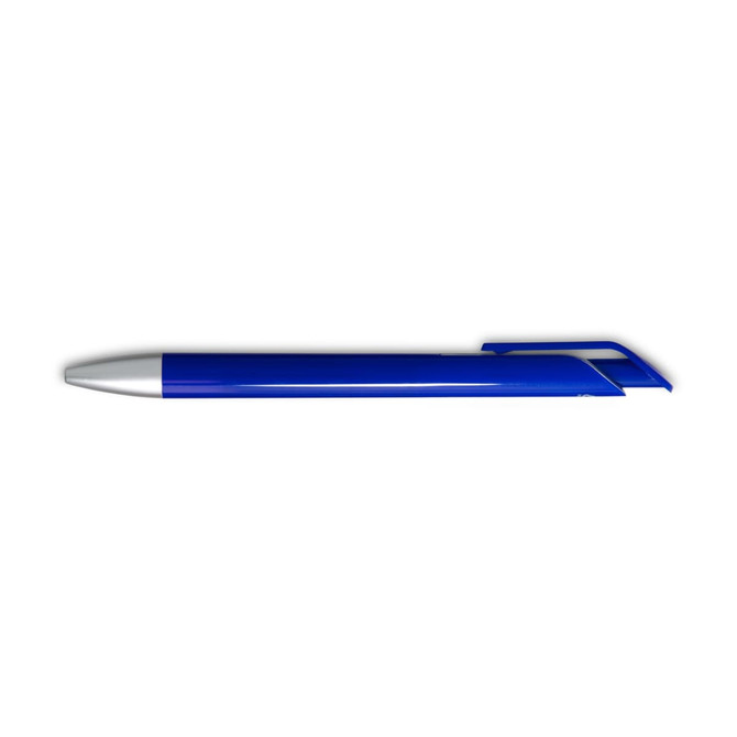 A blue gel ink pen with a white tip and a sleek design, featuring a logo on the barrel.