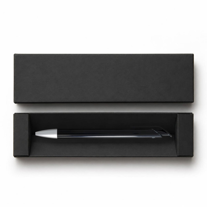 A sleek black gel ink pen resting in a black box. The pen features a silver tip and a streamlined design.