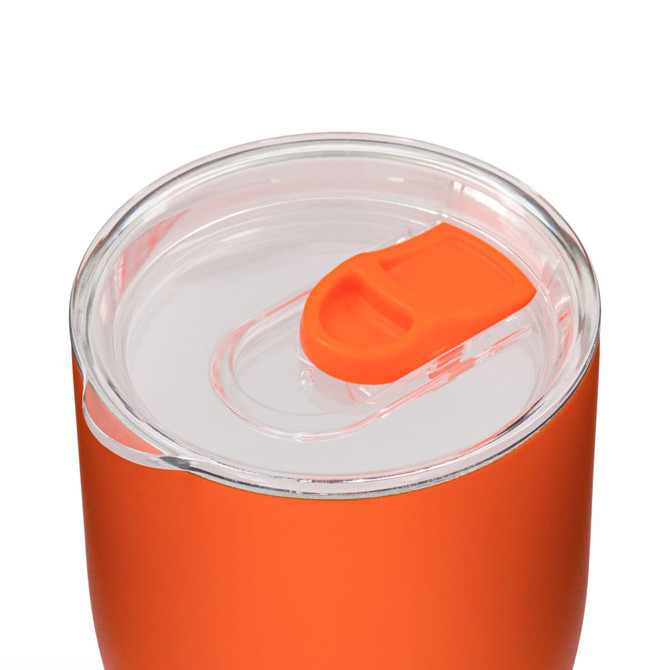 An orange drink bottle with a clear lid featuring a slider opening, suitable for various beverages.