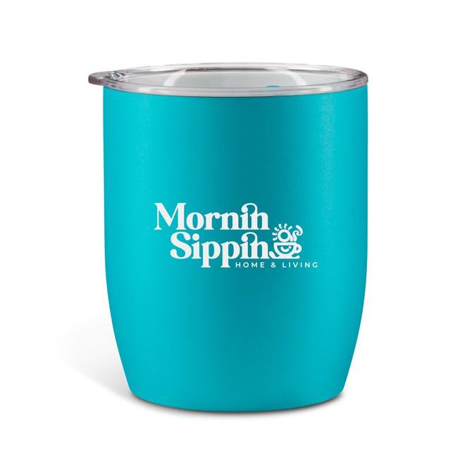 A drink bottle in a vibrant turquoise colour with a clear lid and a logo on the front.