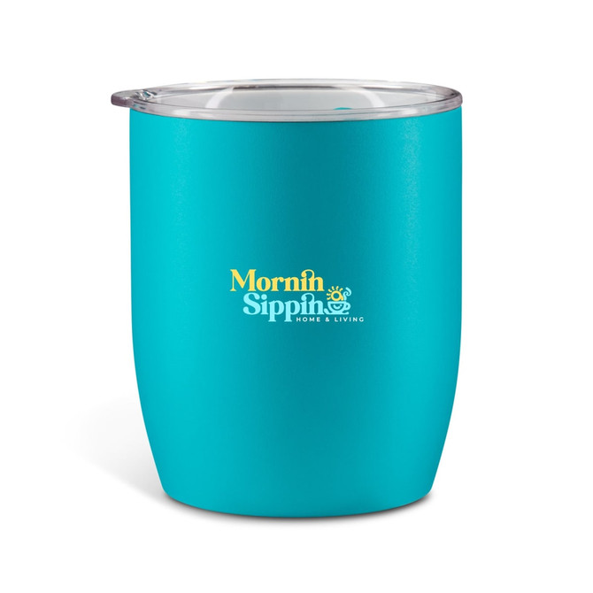 A turquoise drink bottle with a transparent lid and a logo on the front.