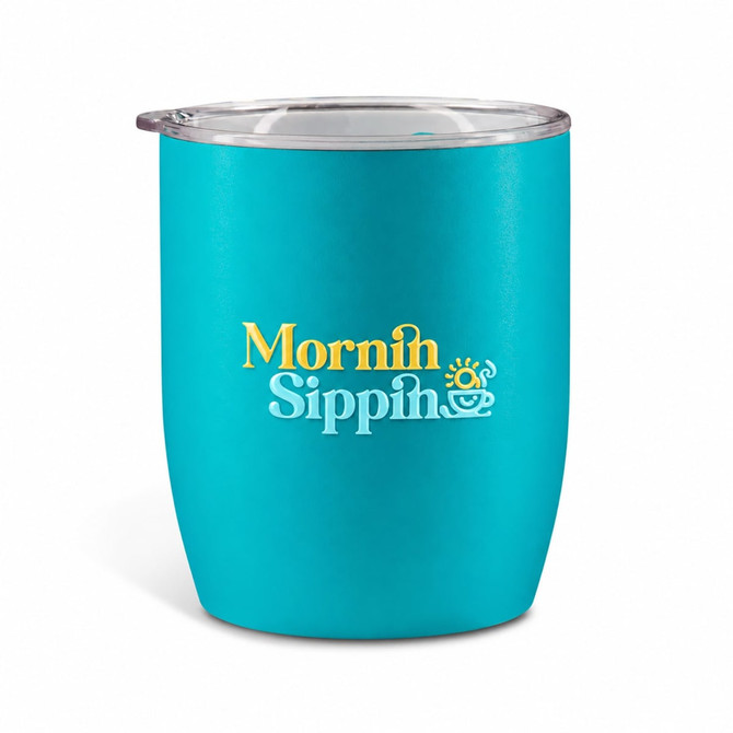 A turquoise coffee cup with a clear lid, featuring a logo. The design is sleek and modern.