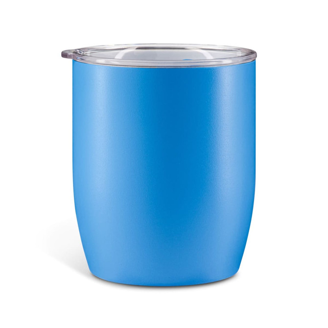 A blue coffee cup with a transparent lid and a smooth matte finish, featuring a logo.