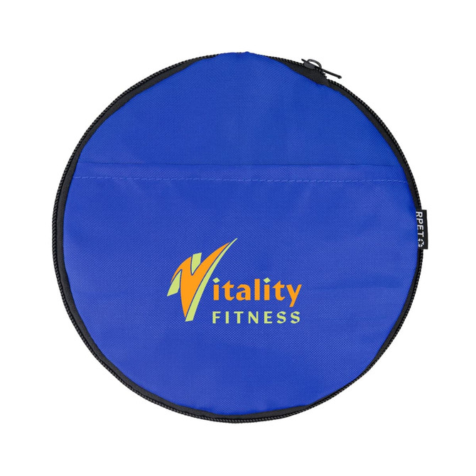 A round blue bag with a zip, featuring a logo in orange and yellow.