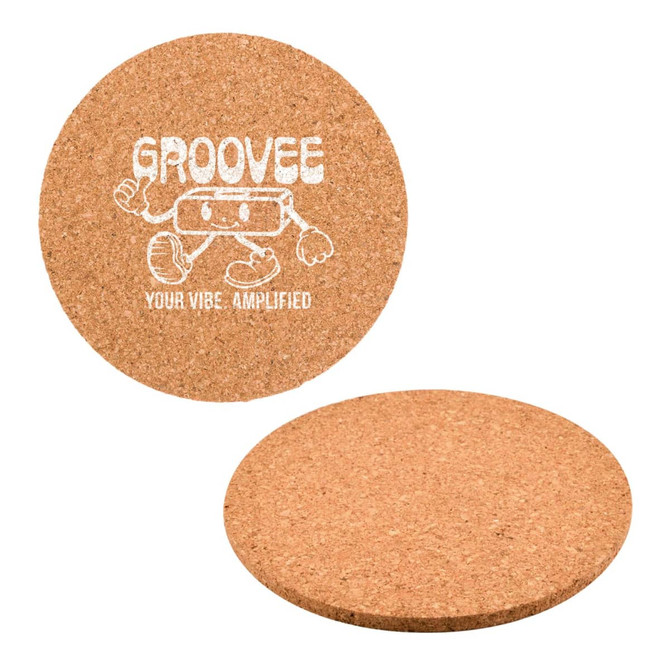 A round, natural cork coaster featuring a logo and playful design, showcasing a light brown colour.