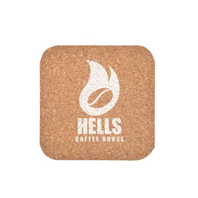 A cork square coaster in a natural brown hue, featuring a logo and branding.