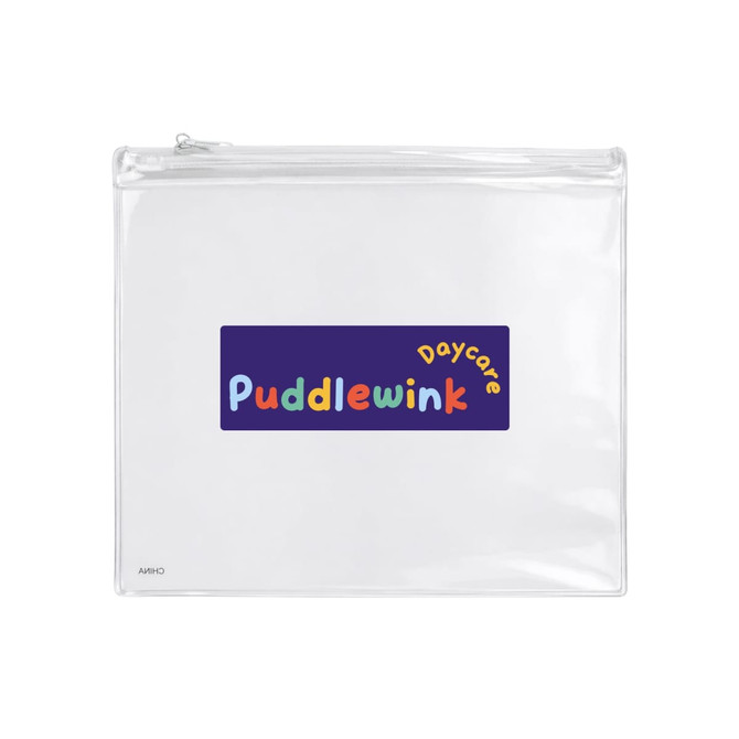 A clear pencil case featuring a bright, multicoloured logo for "Puddlewink Daycare."