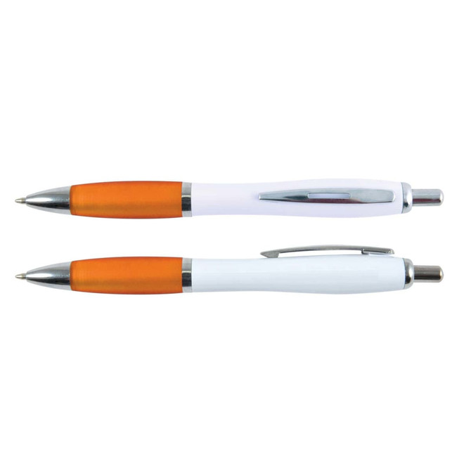 A set of Viva Pens with a white barrel and orange accents, featuring a sleek design and chrome detailing.