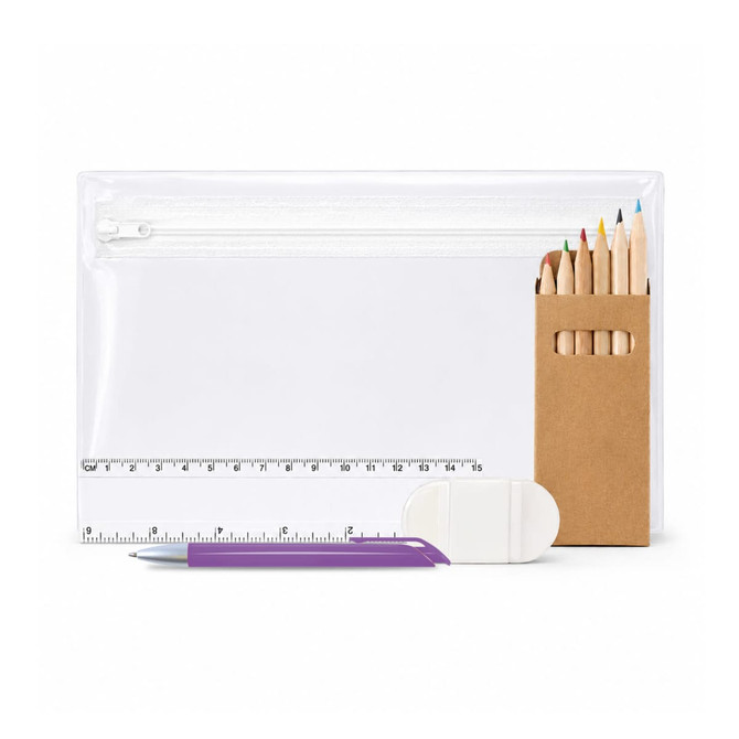 A clear pencil case containing coloured pencils, a ruler, an eraser, and a purple pen.