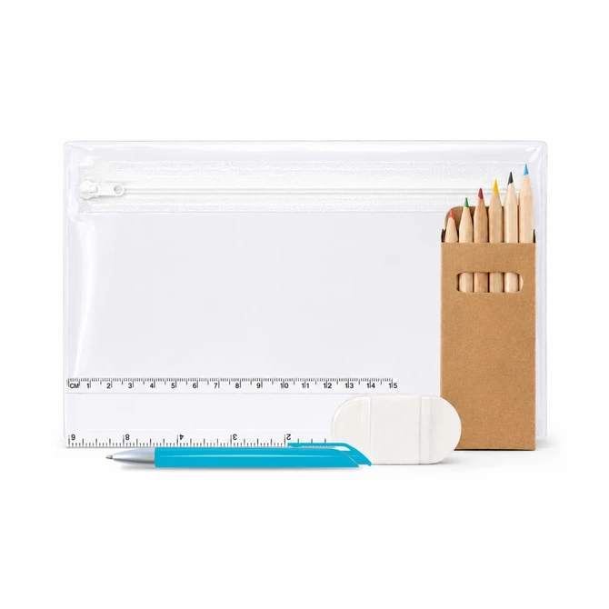A transparent pencil case containing coloured pencils, a ruler, an eraser, and a blue pen. Features a logo.
