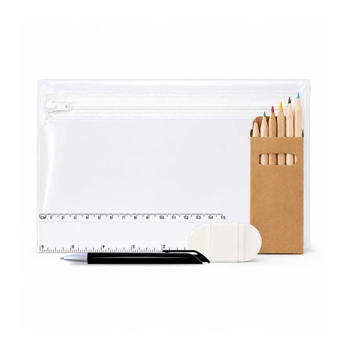 A clear pencil case containing coloured pencils, a ruler, an eraser, and a black pen.