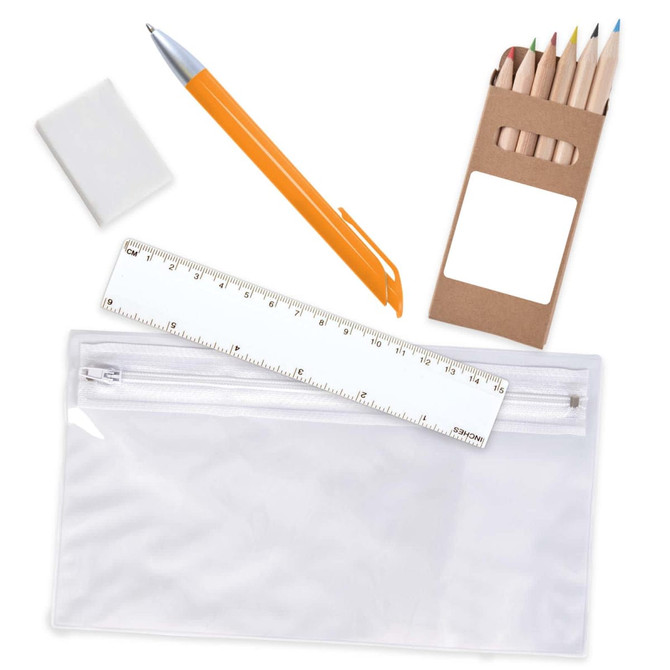 A clear pencil case containing colored pencils, an orange pen, a ruler, and an eraser.