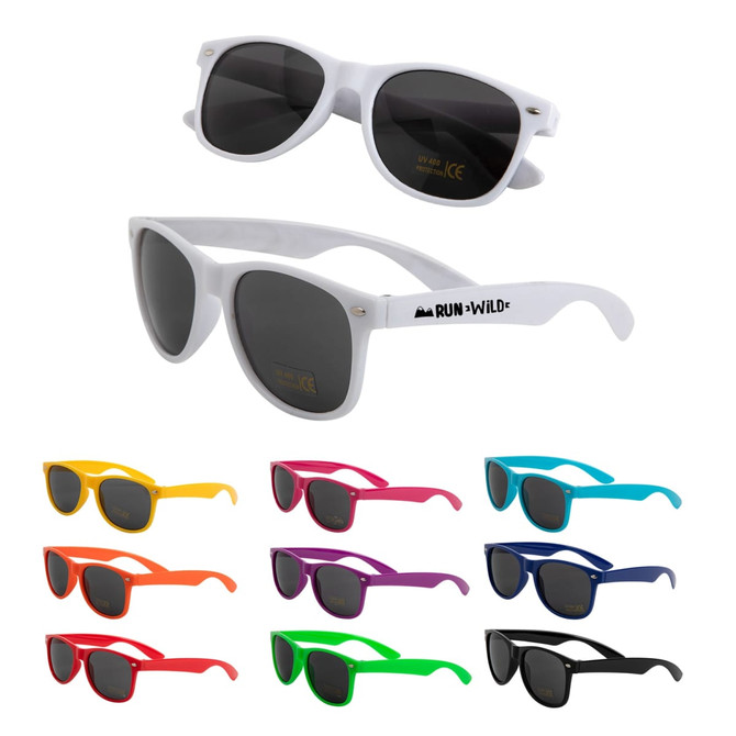 Two pairs of white sunglasses with black lenses and multiple pairs in vibrant colours, including yellow, orange, pink, purple, and blue.