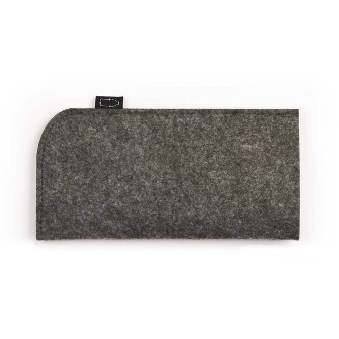 A grey felt sleeve for protecting sunglasses, featuring a rounded edge. It has a small logo on the side.