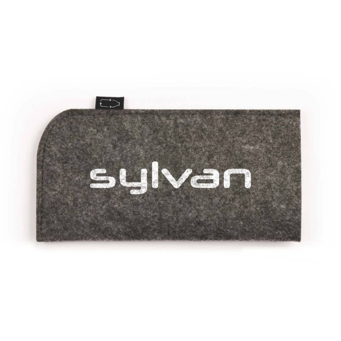 A grey felt sunglasses case with a rounded edge and a brand logo displayed prominently.