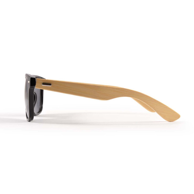 A pair of sunglasses featuring black lenses and bamboo-style arms, with a minimalist design and a logo on the frame.