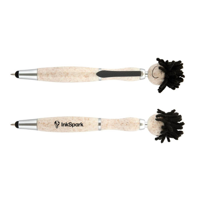 A stylus pen with a cream body, black detailing, and a fluffy top. Features a logo on the side.