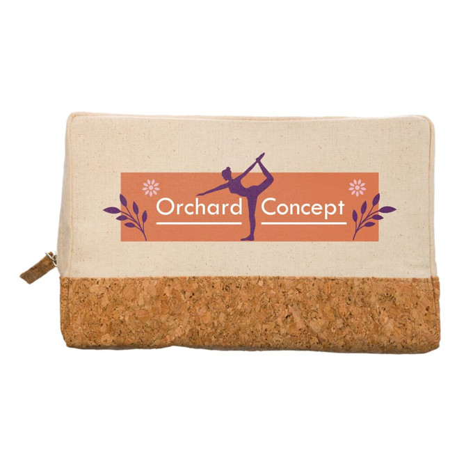 A cork and calico utility case featuring a floral design and a logo. The top is cream and the bottom is cork textured.