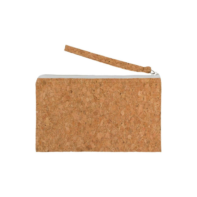 A cork pencil case featuring a zip closure and a wrist strap, showcasing a natural cork texture.