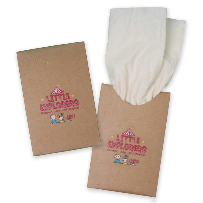 A pack of bamboo tissues in a brown cardboard holder, with white tissues peeking out. The packaging features colorful graphics.