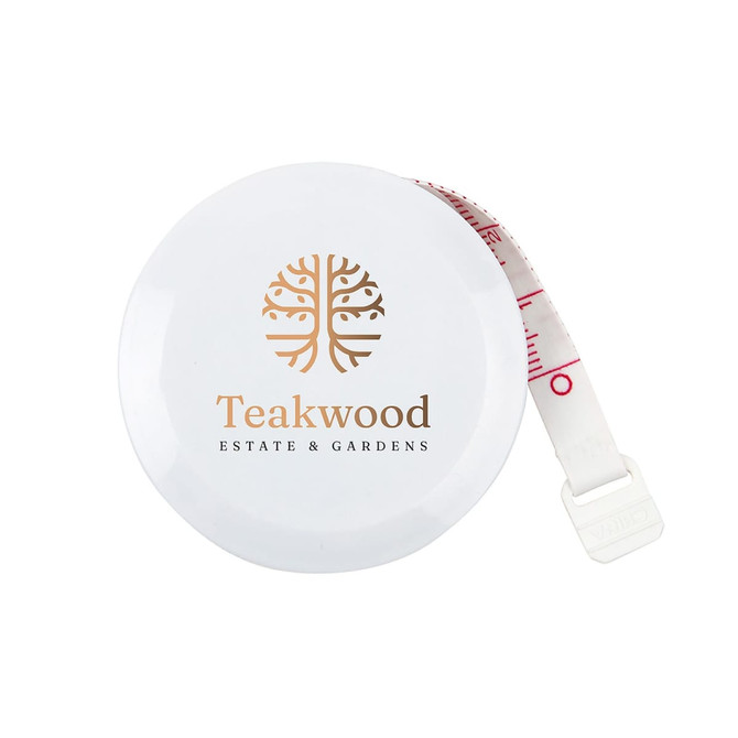 A white tape measure with a circular case and a retractable measuring tape featuring a logo on the surface.