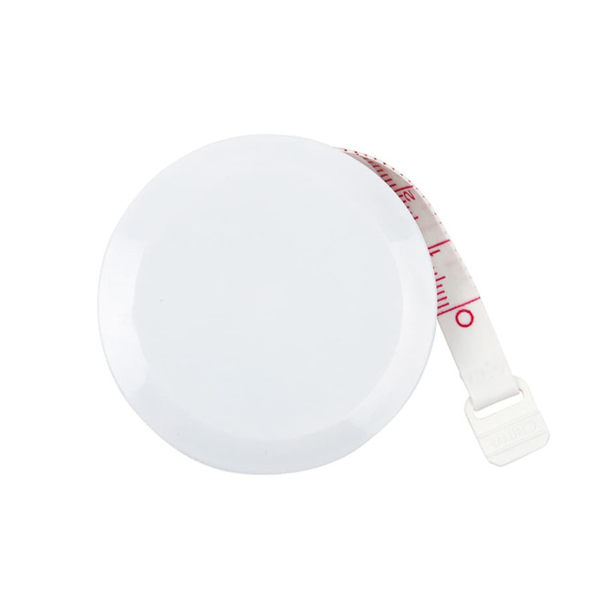 A white circular tape measure with a retractable measuring tape in red. It features a branding logo on the top.