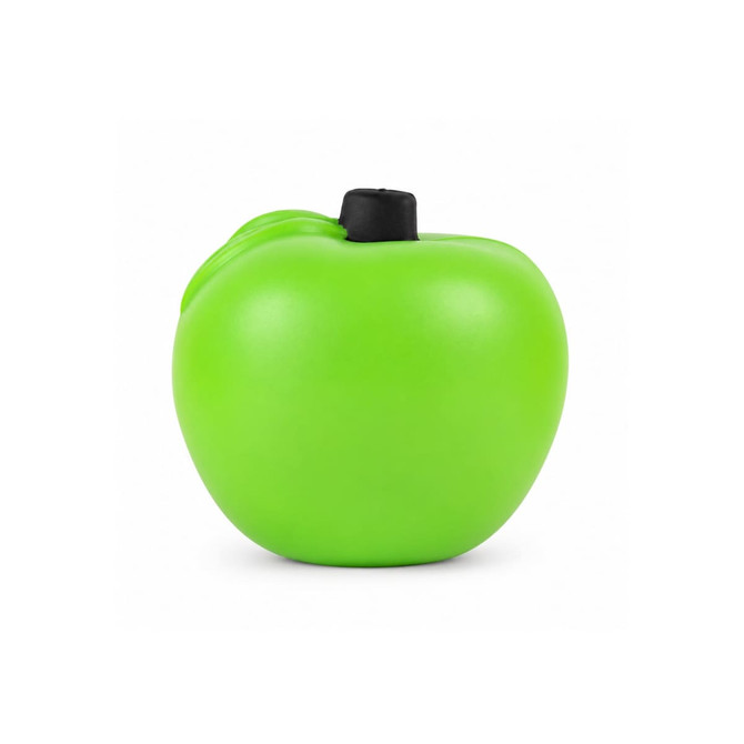 A green apple-shaped stress reliever with a black stem, designed for fun and relaxation.