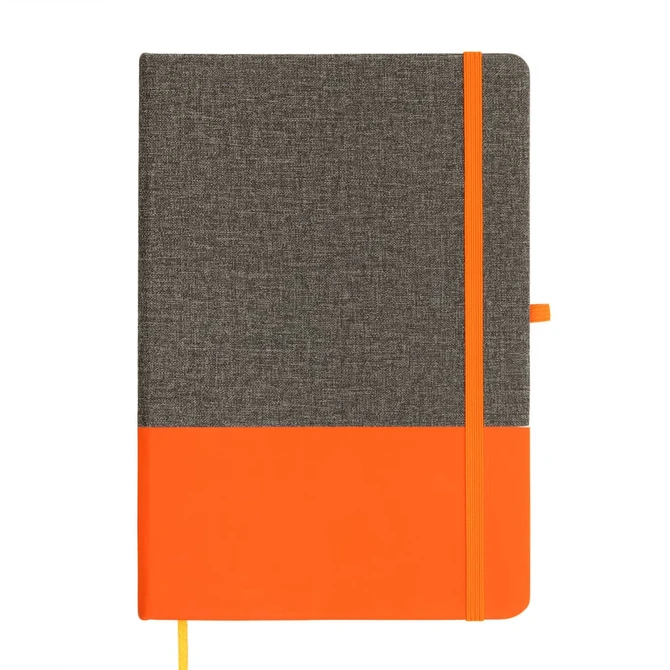 A Venture Bondi A5 Notebook featuring a textured gray cover with an orange bottom half and matching elastic closure.