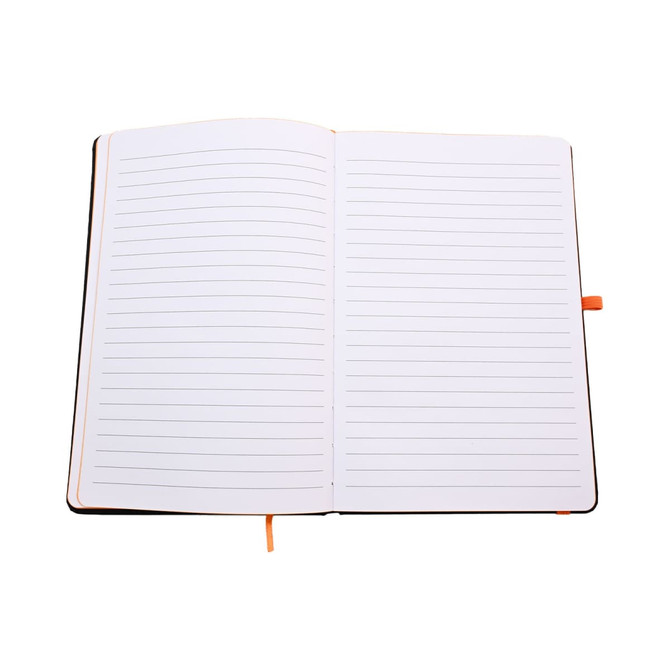 An open A5 notebook featuring lined pages and an orange ribbon bookmark, with a black cover.