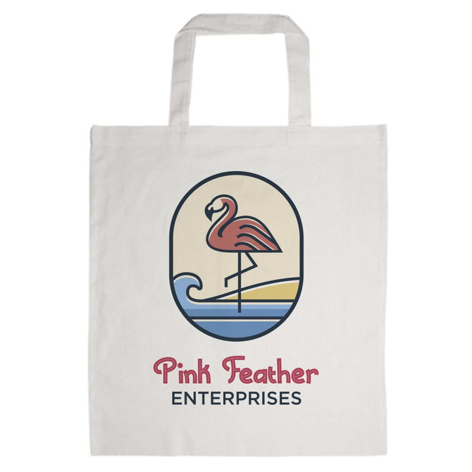 A beige cotton tote bag with short handles, featuring a flamingo design and a logo.