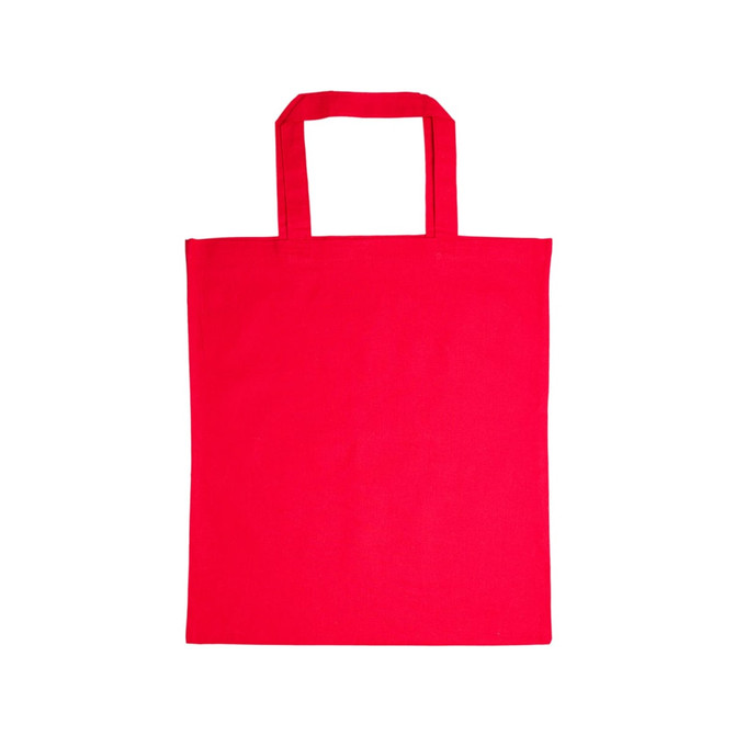 A red cotton tote bag with short handles.