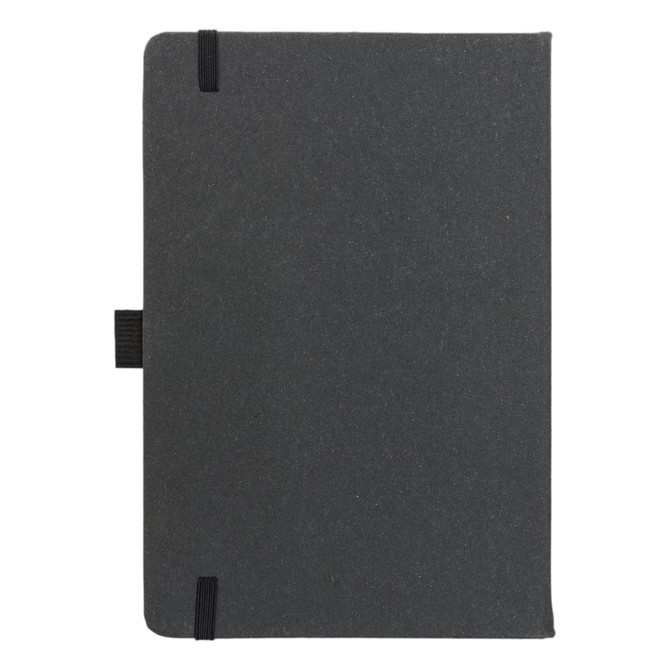 A recycled leather notebook with a hard cover, featuring a sleek dark exterior and elastic band closures.