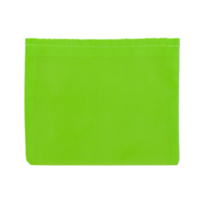 A bright green reusable grocery bag made from recycled PET material, featuring a simple design and a logo.
