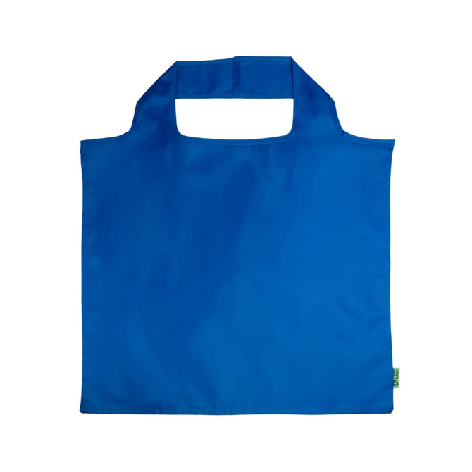 A blue reusable grocery bag made from recycled PET material with a simple design and handles for easy carrying.