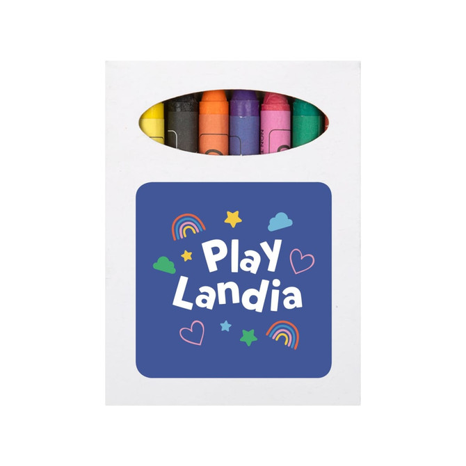 A set of colorful crayons in a white box featuring a colorful design and a logo.
