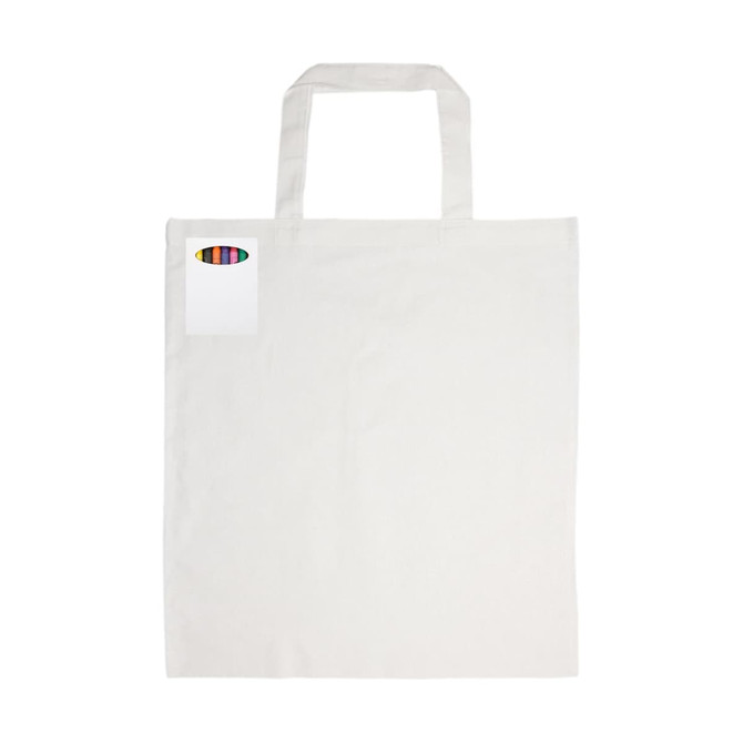 A white cotton tote bag with short handles and a colourful logo on one side.
