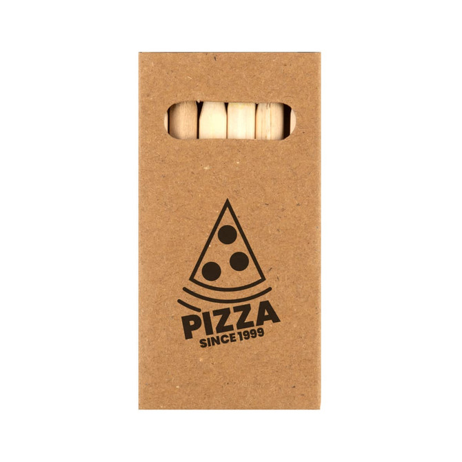 A brown kraft paper package featuring a pizza graphic and the text "PIZZA SINCE 1999," containing wooden sticks.