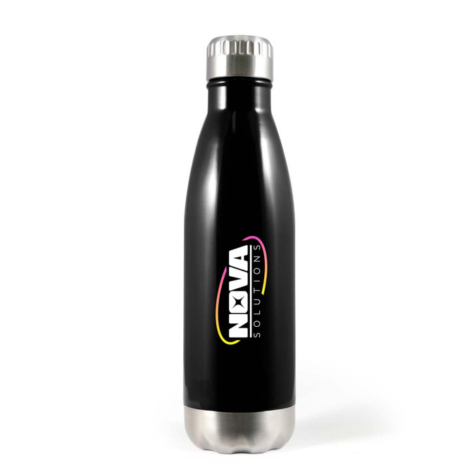 A drink bottle in black with a stainless steel base, featuring a logo on its surface.