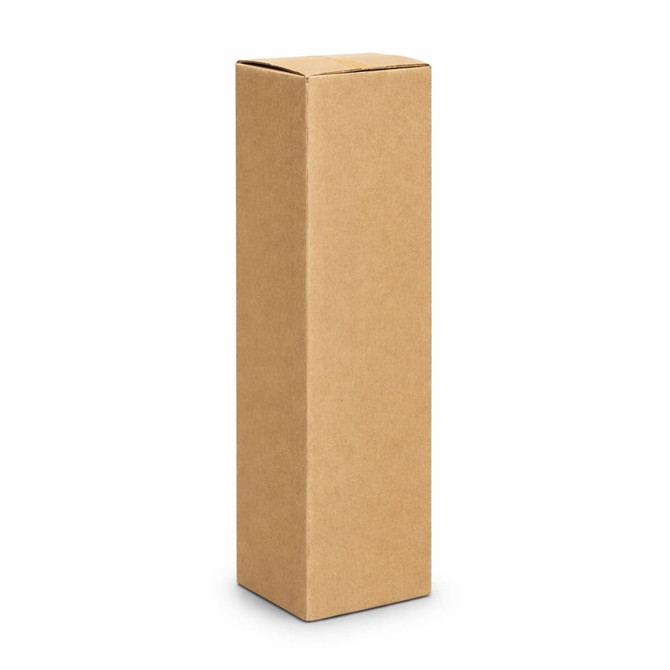 A brown cardboard box standing upright, featuring a simple, unmarked design.